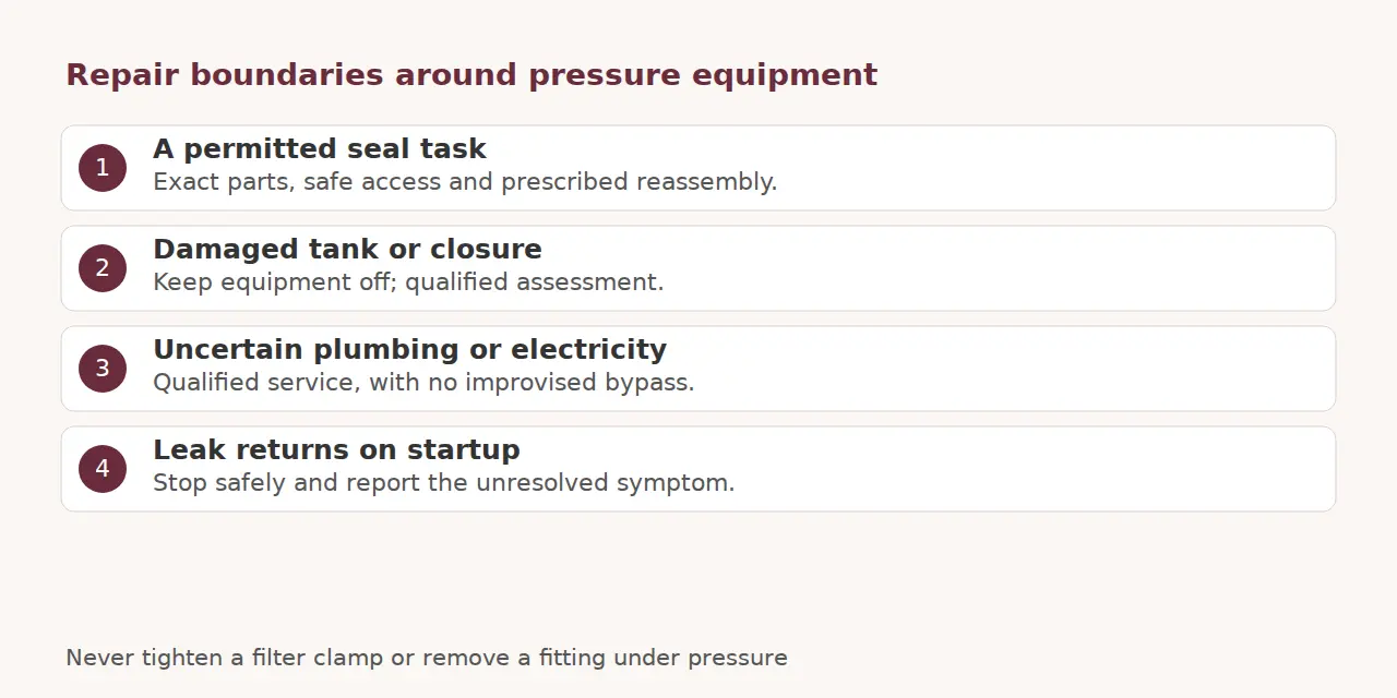 Decision guide for permitted seal care, damaged pressure equipment, uncertain faults and recurring leaks.
