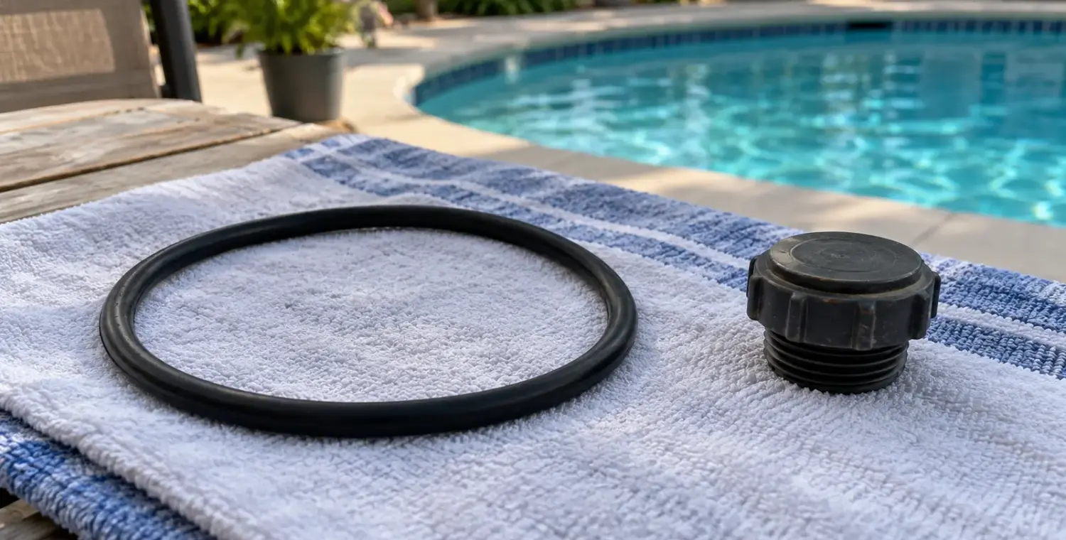 A black rubber filter seal and threaded drain cap rest on a towel beside a backyard pool.