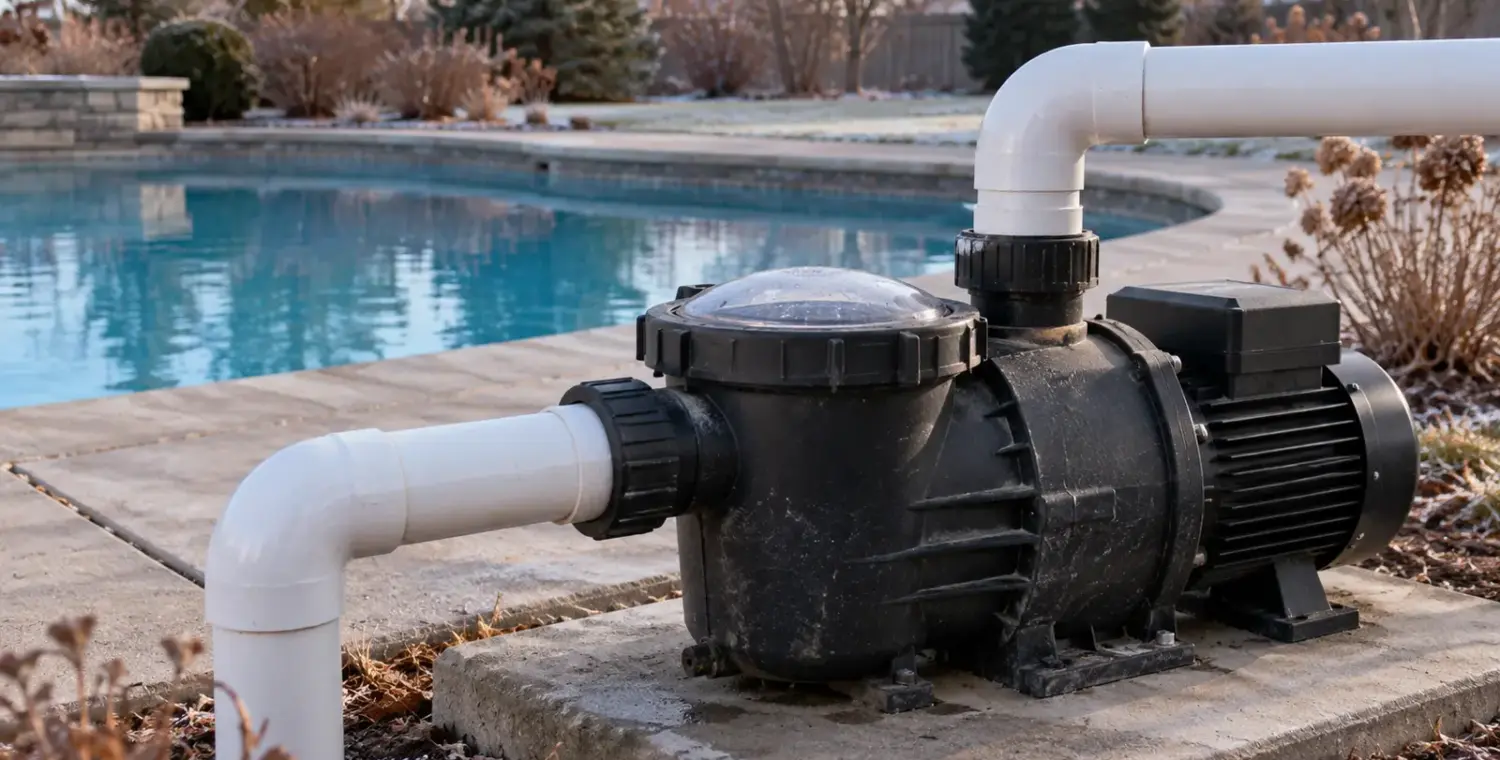 A pool circulation pump with two white pipe connections sits beside an open pool in a frosty backyard.
