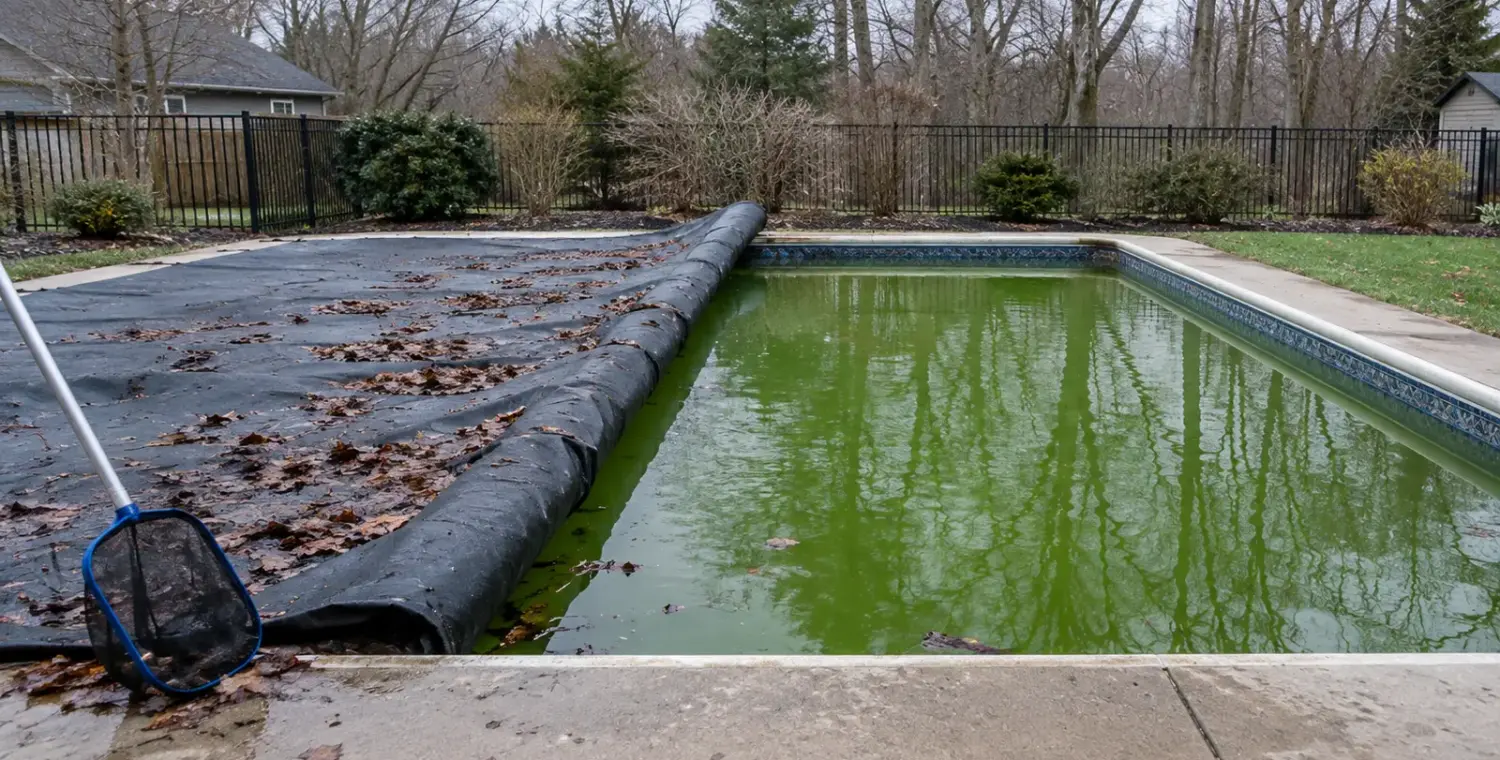 Moment an owner uncovers a pool and finds green water after winter