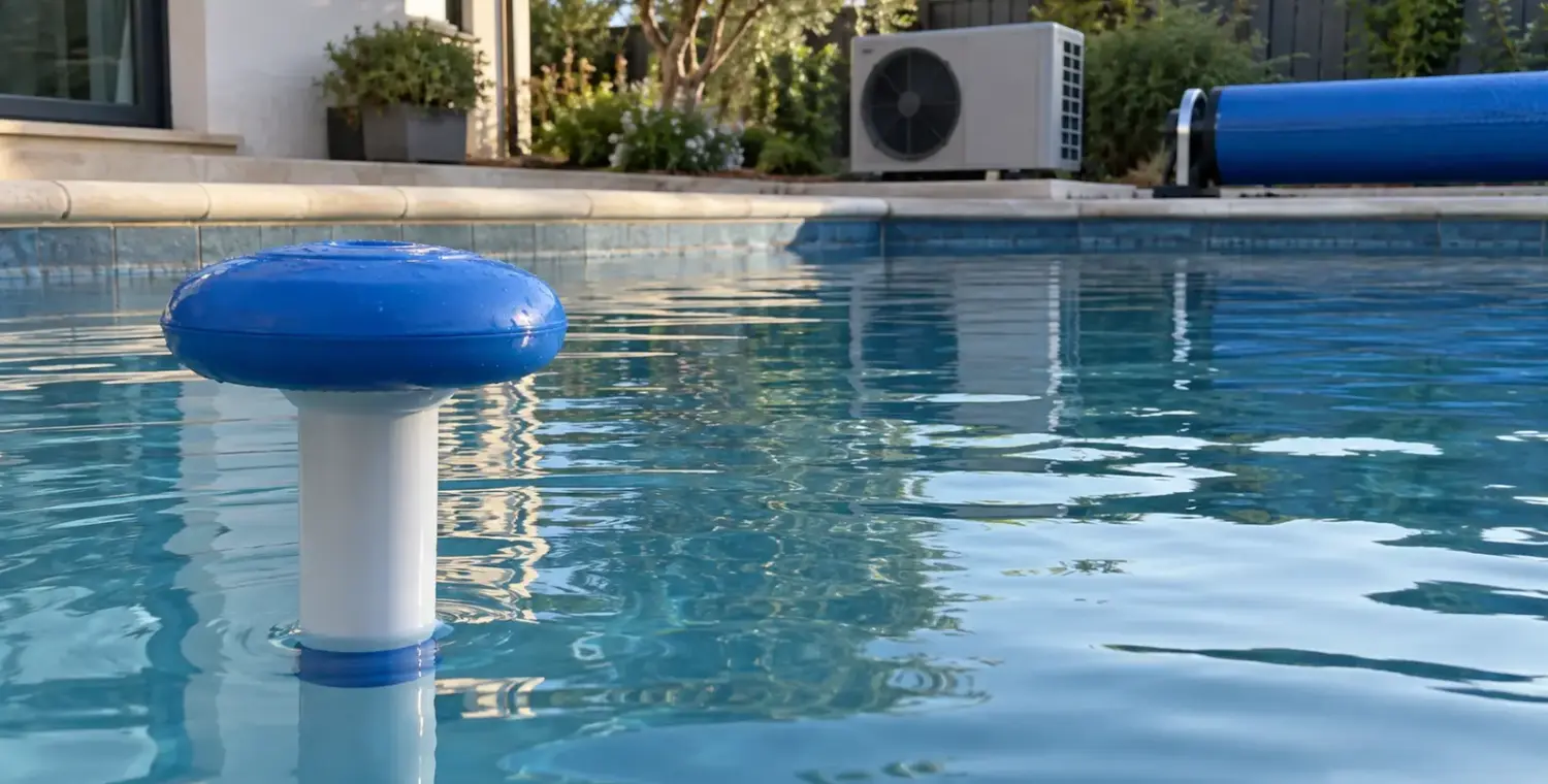A blue-and-white floating thermometer beside a backyard pool, with its unmarked back facing the camera.