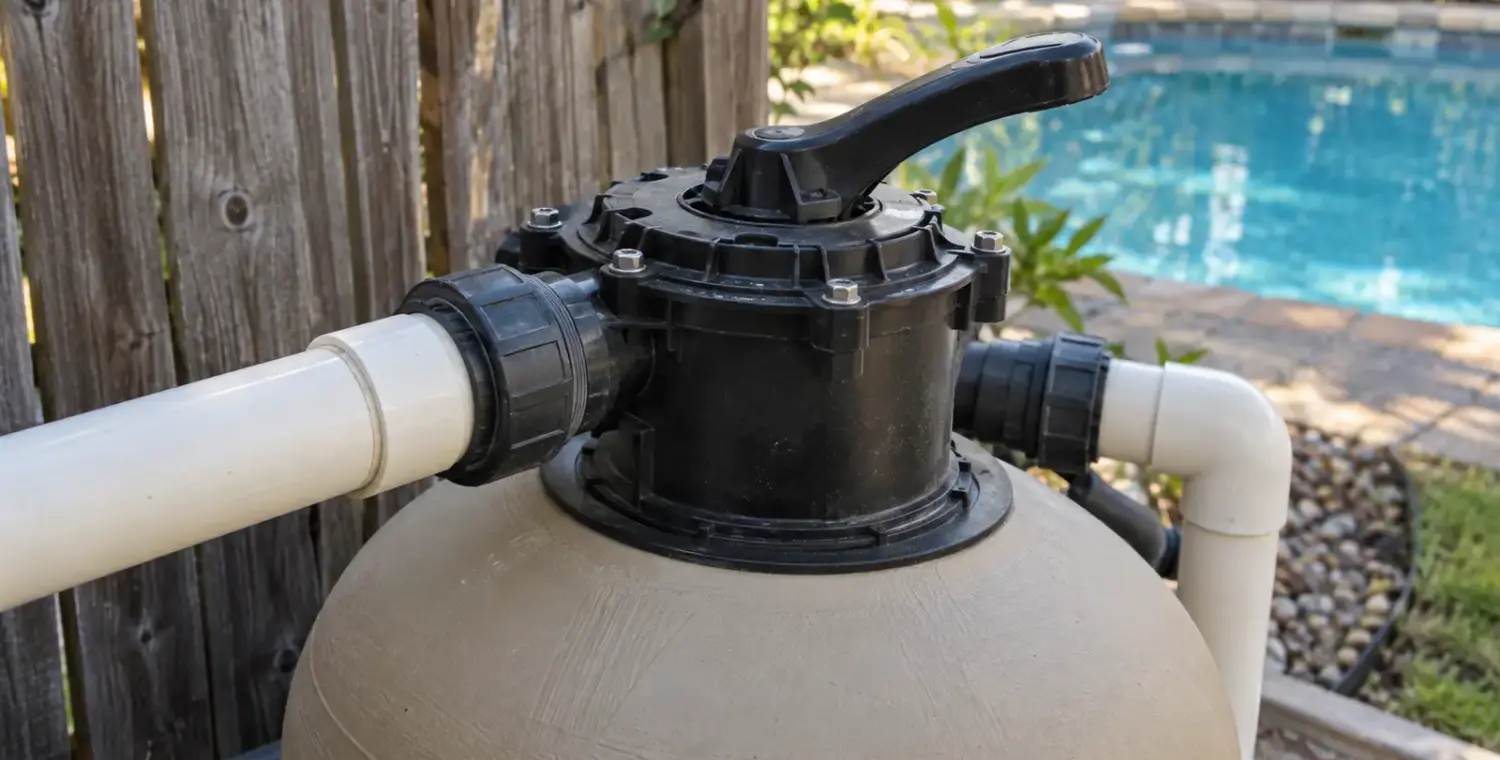 Black multiport selector handle and connected PVC pipes on top of a tan pool sand filter.
