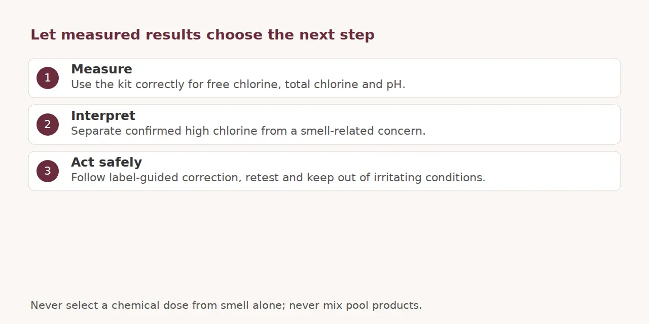 Diagram explains measuring water, separating high chlorine from odor concerns and correcting safely.