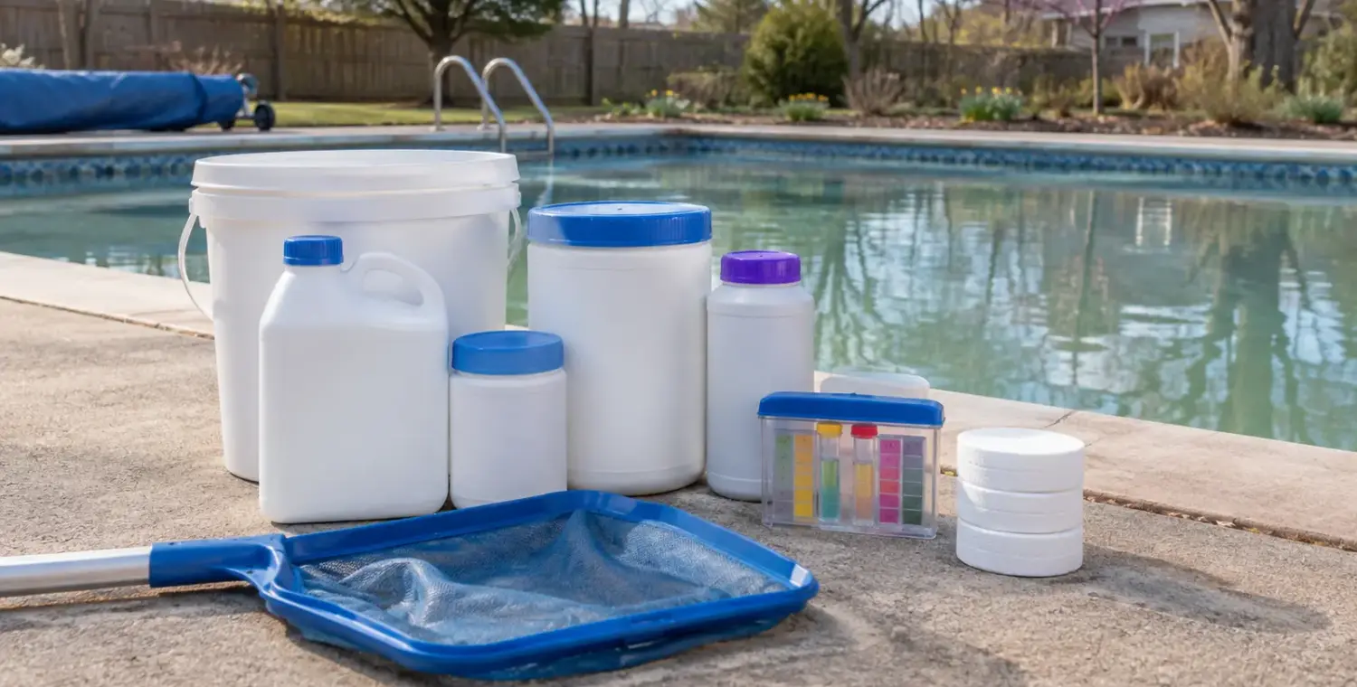Set of chemicals a homeowner gathers to open a pool in spring
