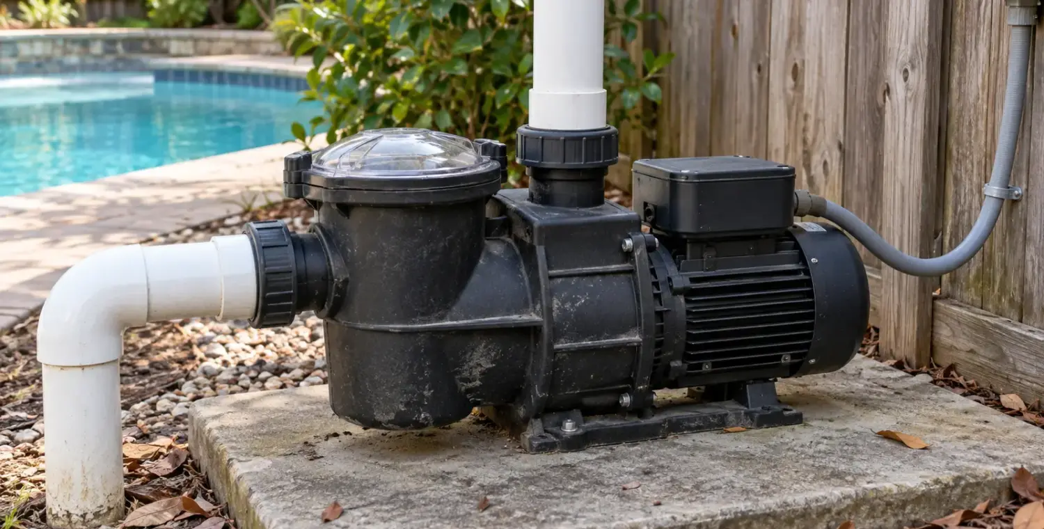 A closed pool pump with a clear strainer lid and intact conduit sits on a worn backyard equipment pad.
