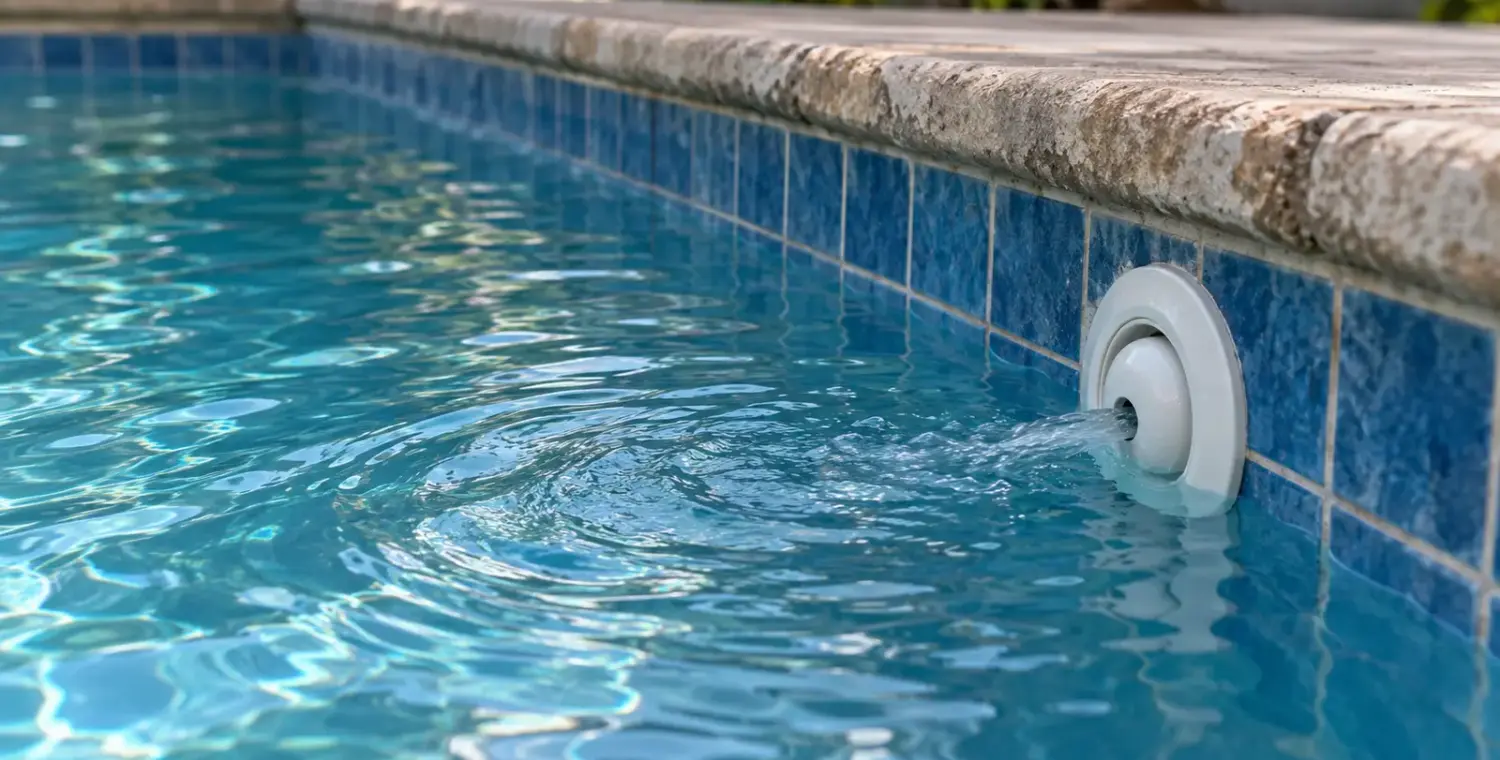 Water flowing from a white directional return fitting beside blue pool tiles.