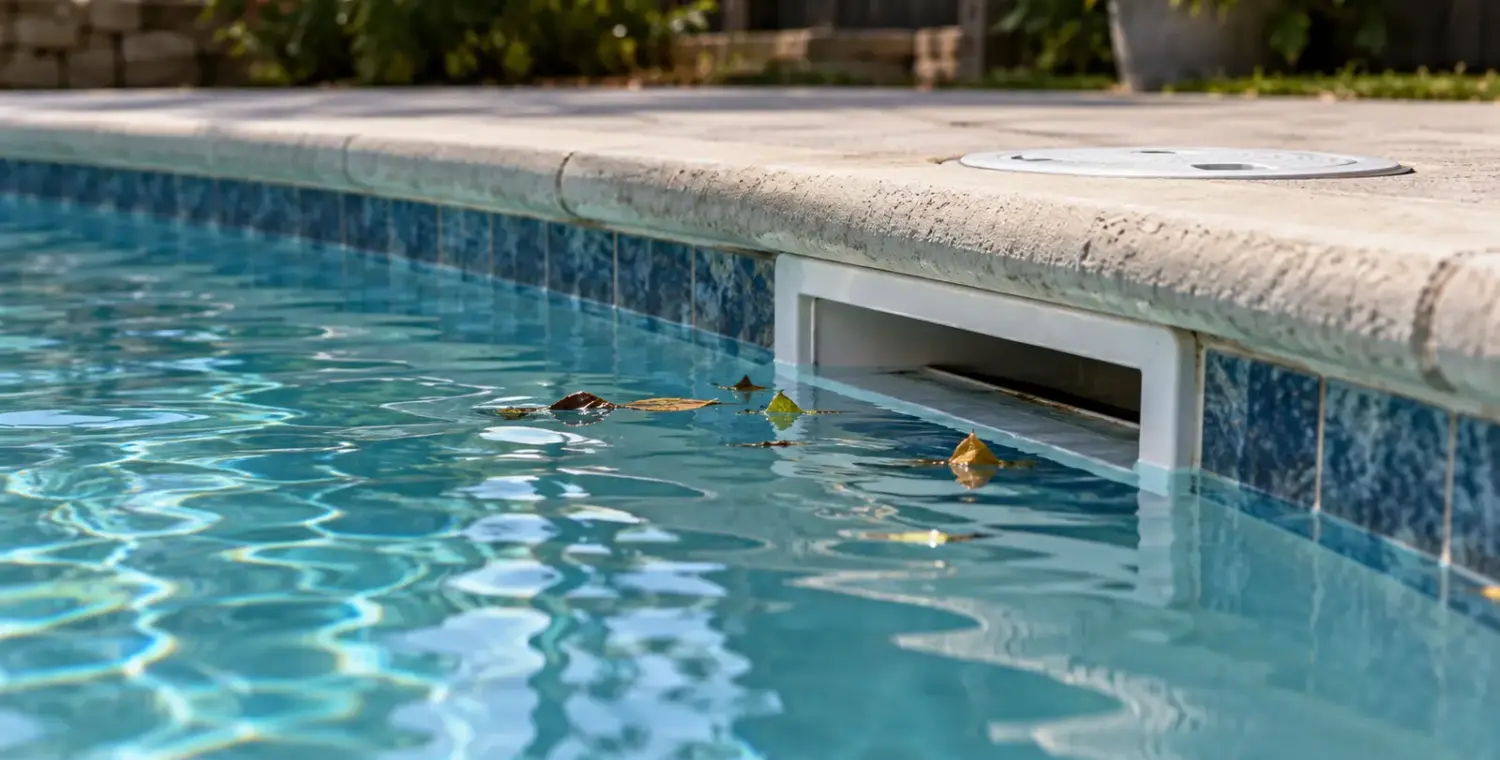 Leaves floating near the white skimmer opening at the waterline of a backyard pool.