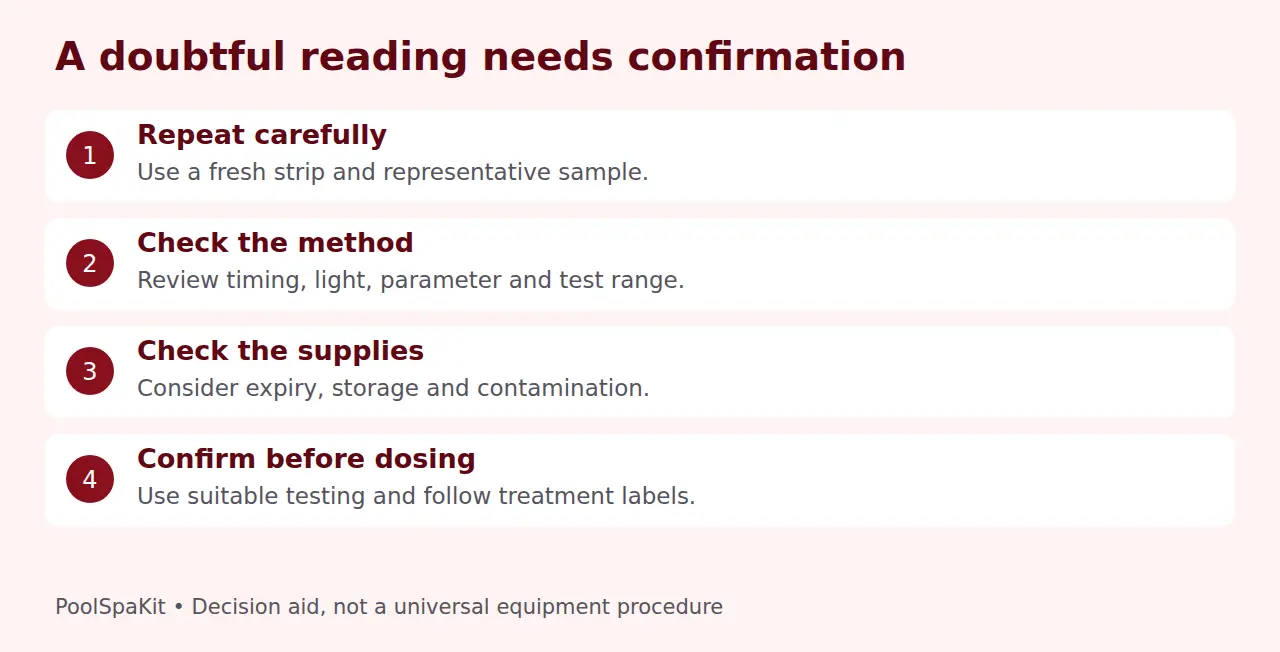 Steps to investigate doubtful pool strip readings before chemical dosing.