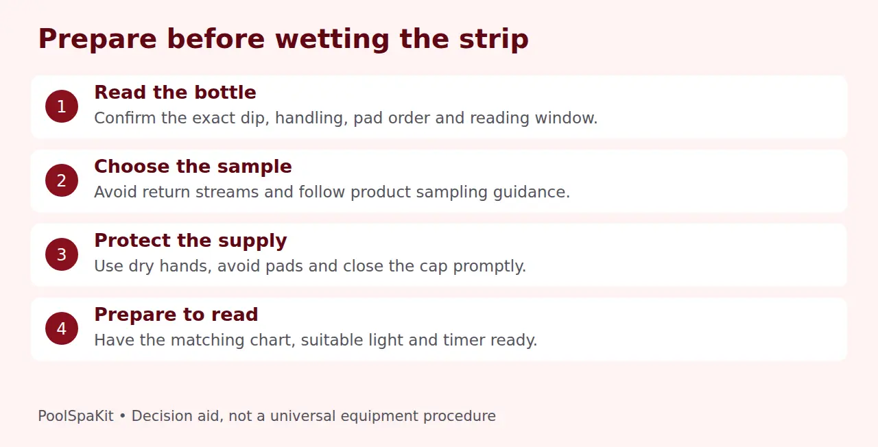Preparation sequence for pool test strips: instructions, representative water, dry hands and timer.