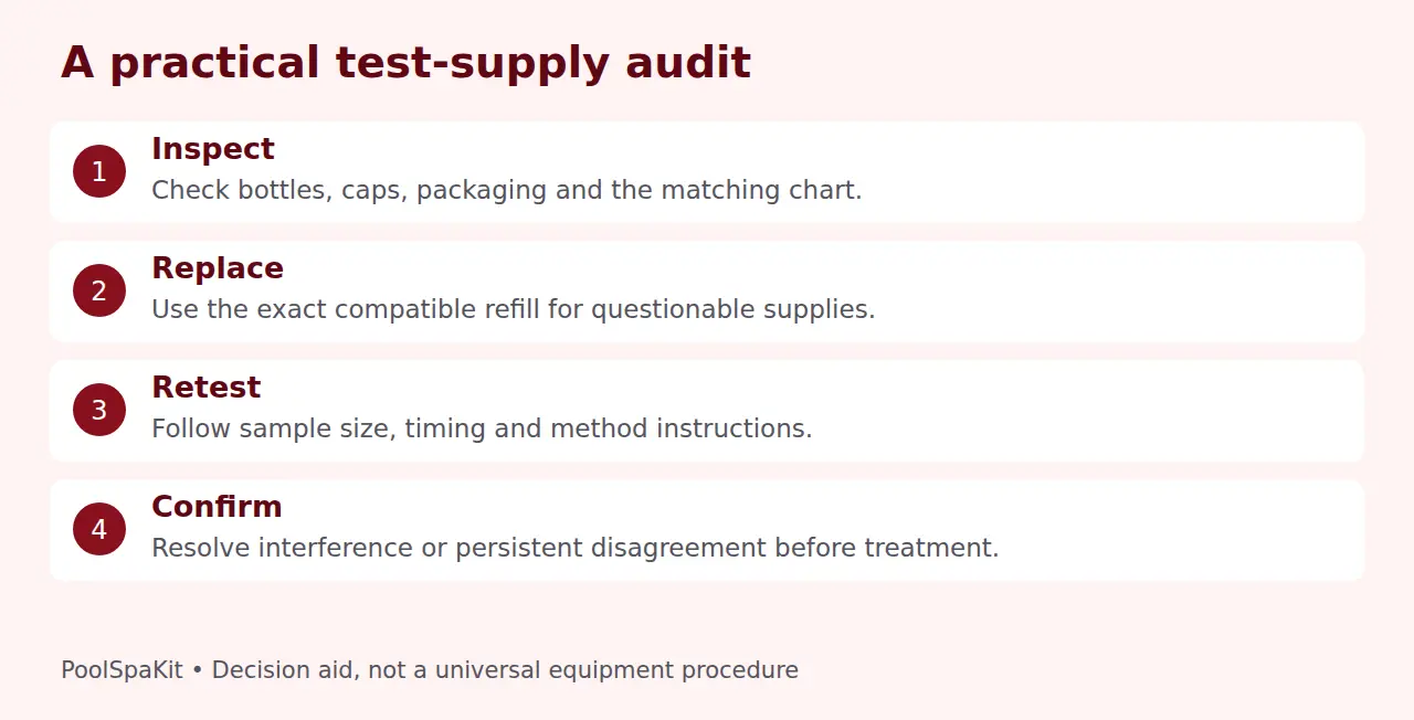 Audit steps for pool testing supplies before relying on an unexpected reading.