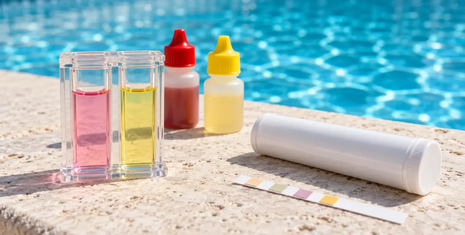 A pool water comparator with pale colored samples beside capped reagent bottles, a test strip and its closed container