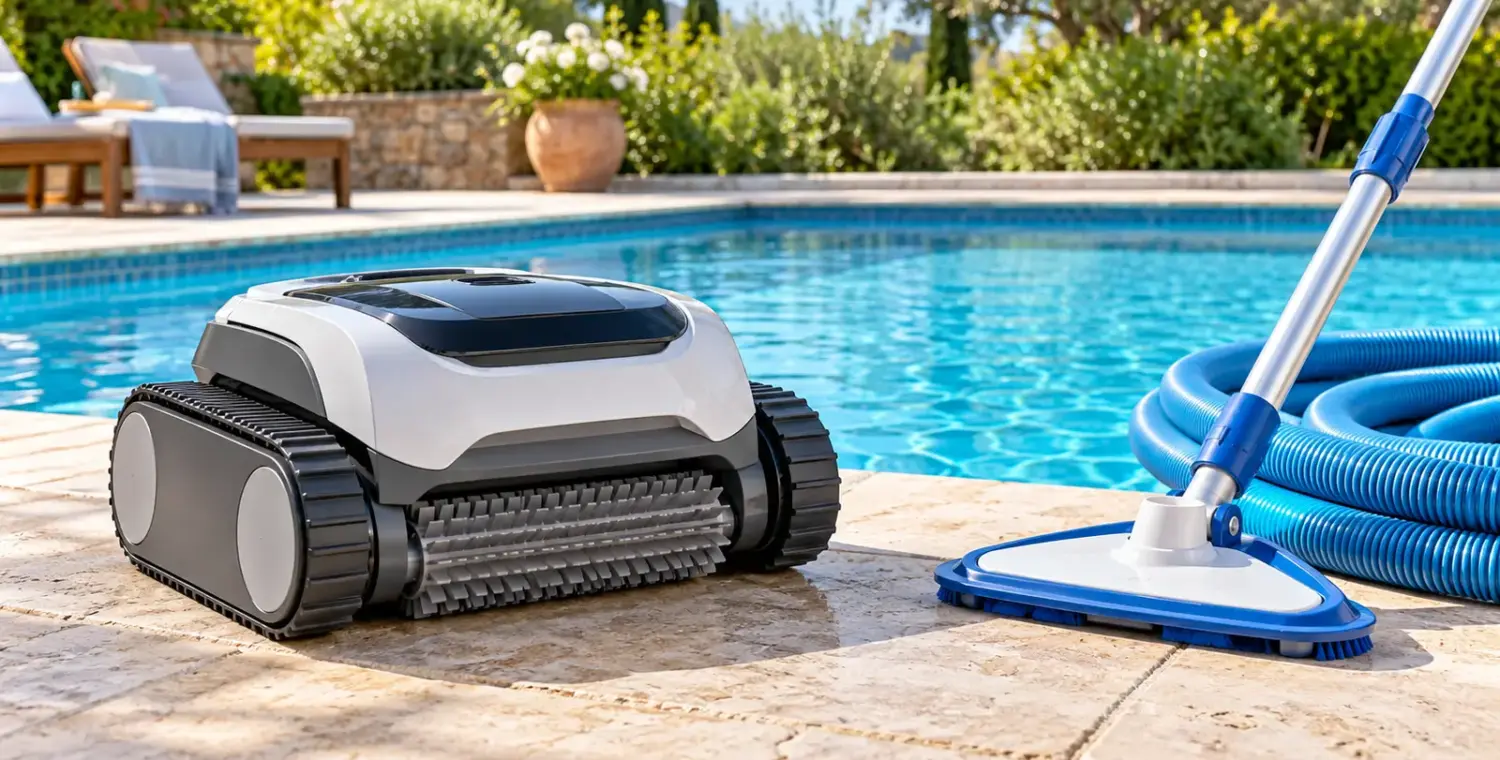 An unbranded robotic pool cleaner and manual vacuum head with pole and hose on a dry deck beside a blue pool