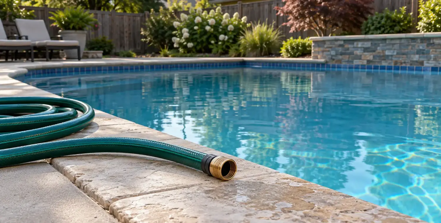 Green garden hose resting on stone coping beside a backyard pool