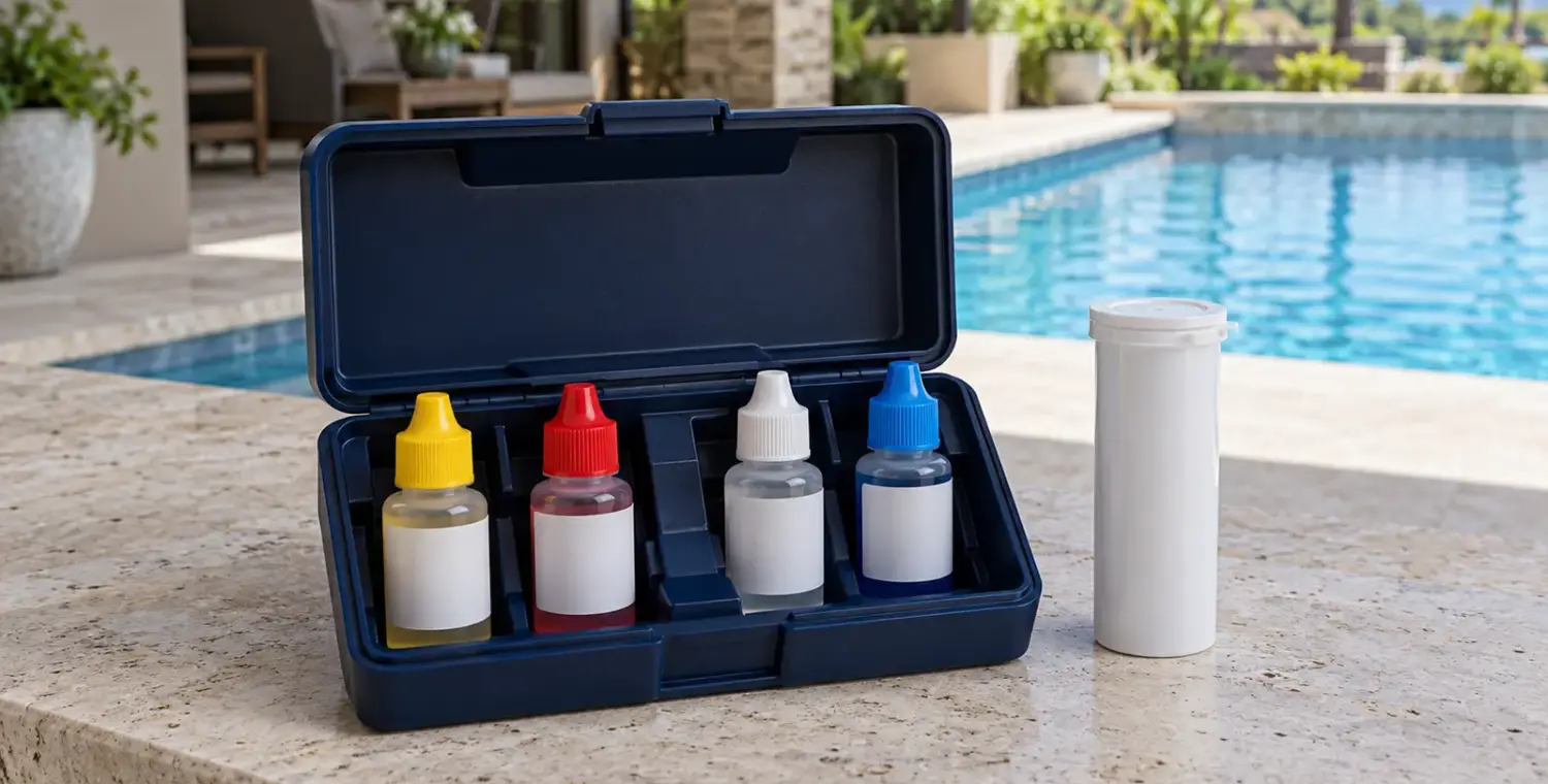 An open pool test-kit case holding capped reagent bottles beside a closed strip container on a shaded patio table