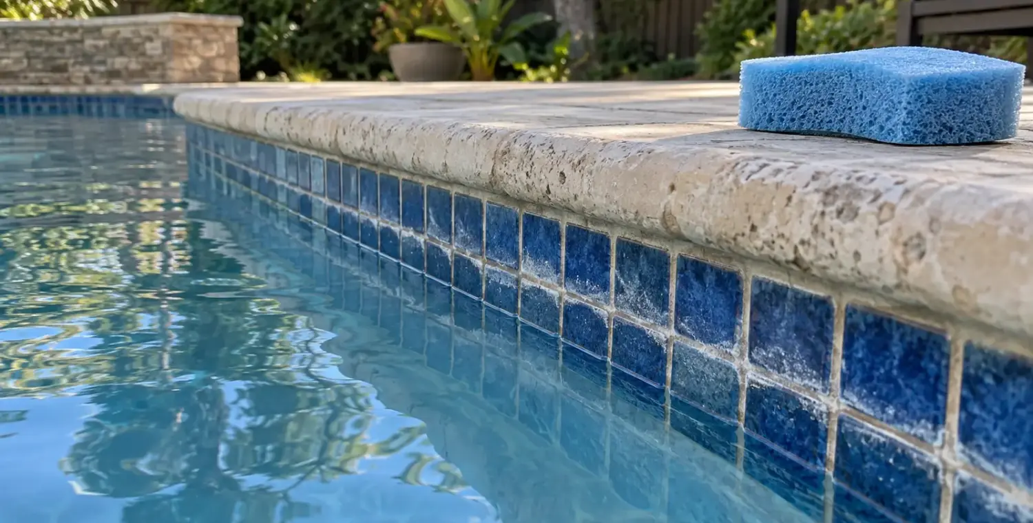 A blue sponge rests on pale coping above blue pool waterline tile.