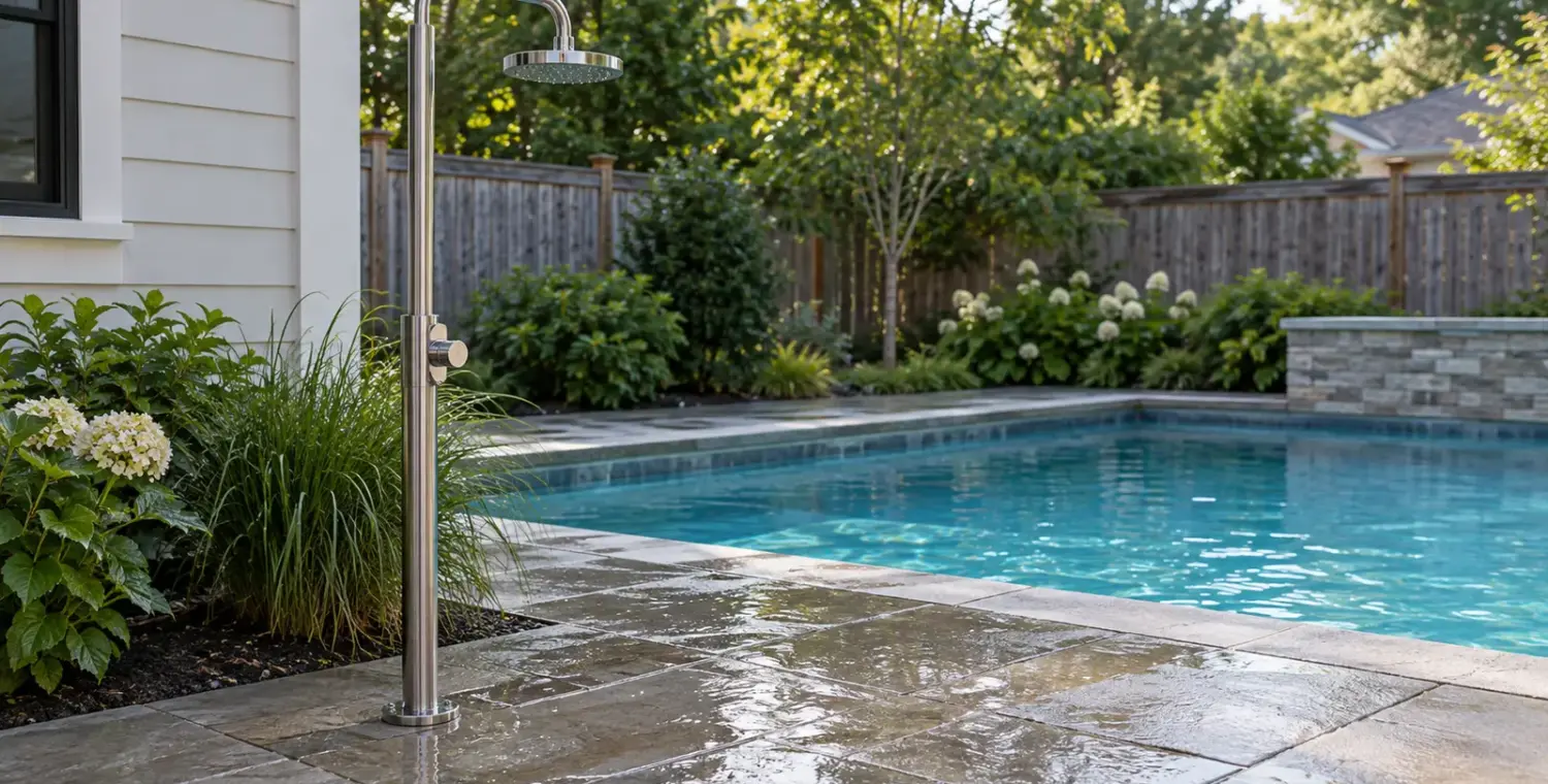 A simple outdoor rinse shower stands on wet paving beside a backyard pool.