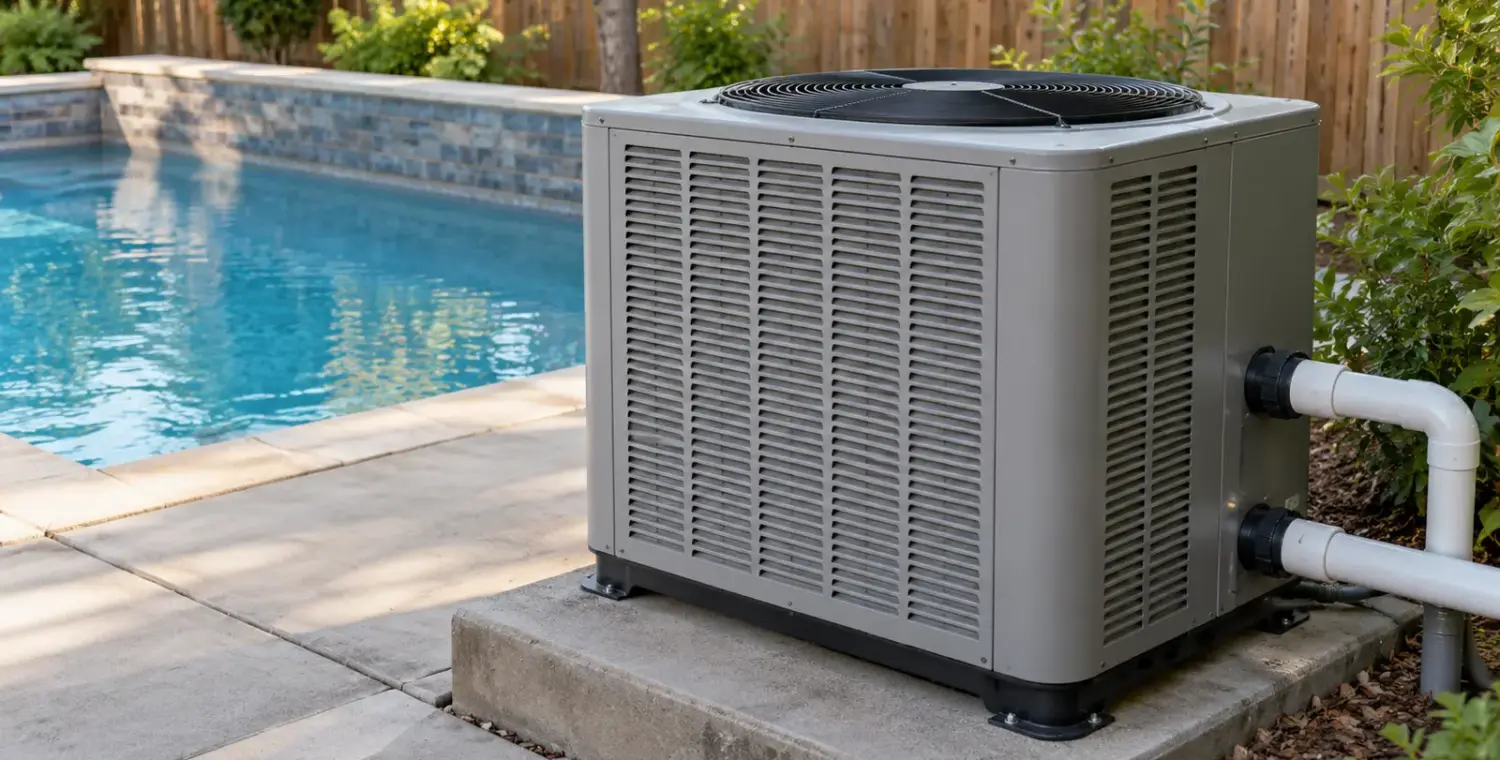 A gray pool heat pump with a round top fan and white water pipes stands on a concrete pad beside a backyard pool.
