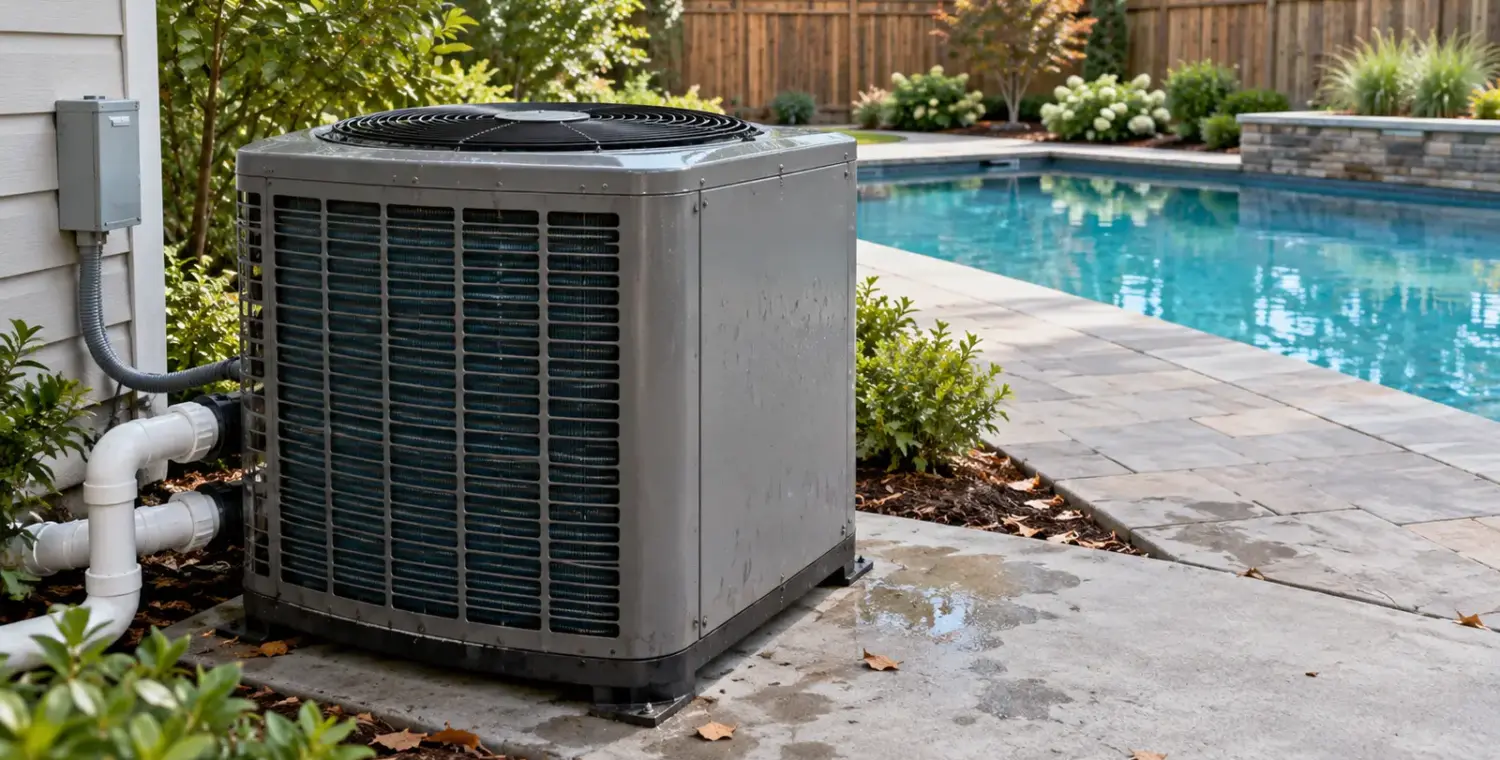 A gray pool heat pump with white water pipes beside a backyard swimming pool.