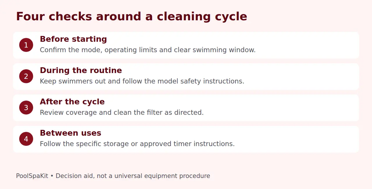 Checks for model settings, a clear pool, filter condition and safe retrieval.