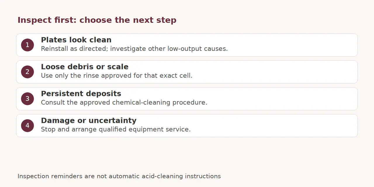 Inspection decisions: reinstall a clean cell, rinse approved deposits, consult the acid procedure or stop for damage.