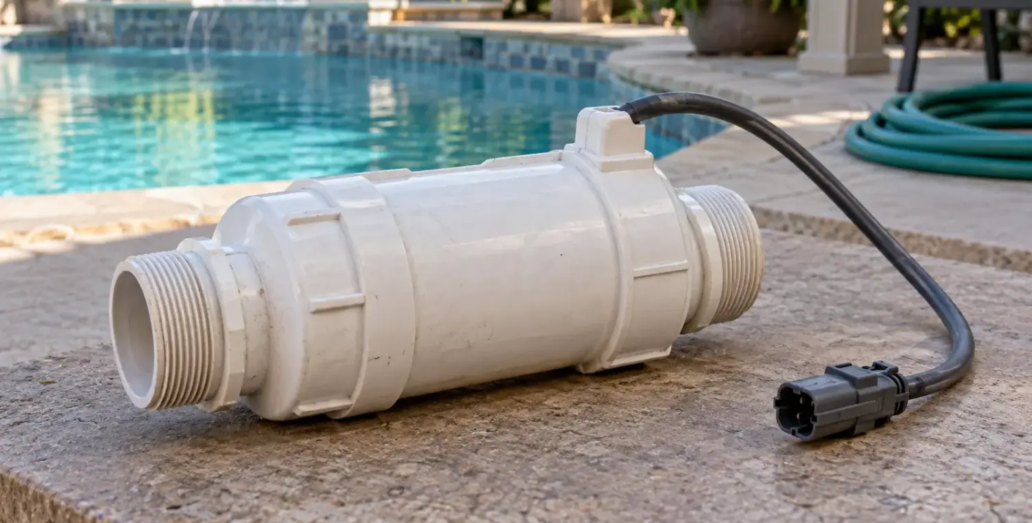 A white salt chlorinator cell with an unplugged cable rests on a poolside work surface.