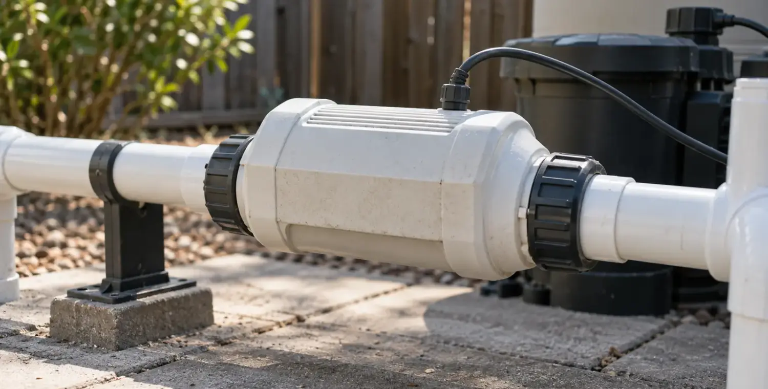A closed salt-generator cell sits between white pipe unions on a residential equipment pad.