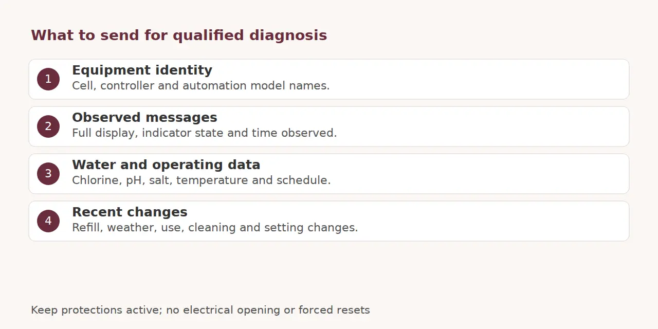 Service record: equipment identity, full messages, water and operating data, and recent changes.