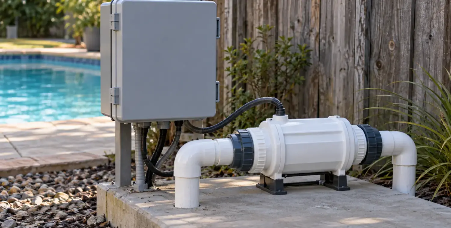 A white inline salt chlorinator cell connects to two pipes beside a closed gray equipment enclosure.