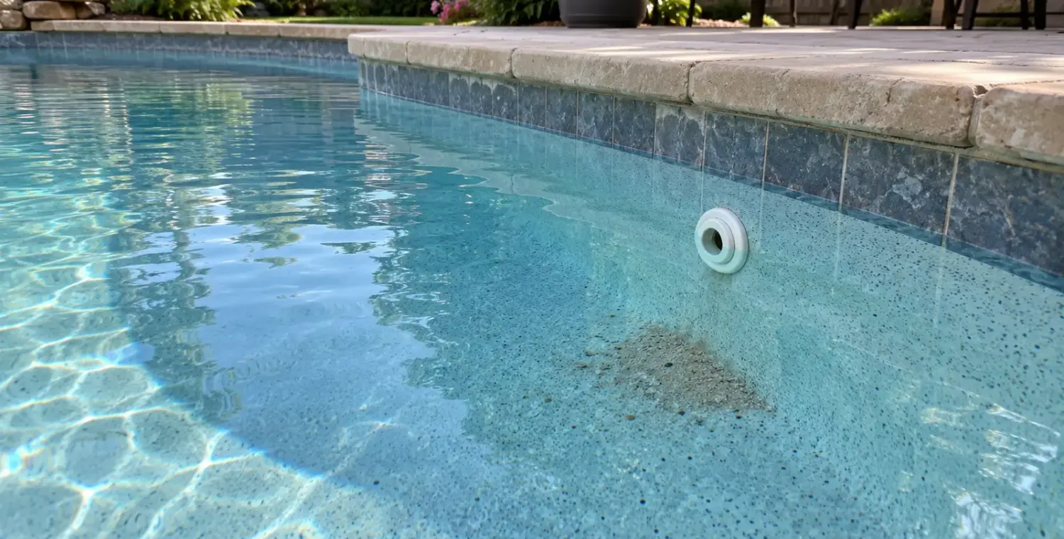 Tan sand grains resting beneath a white return fitting in a backyard pool.