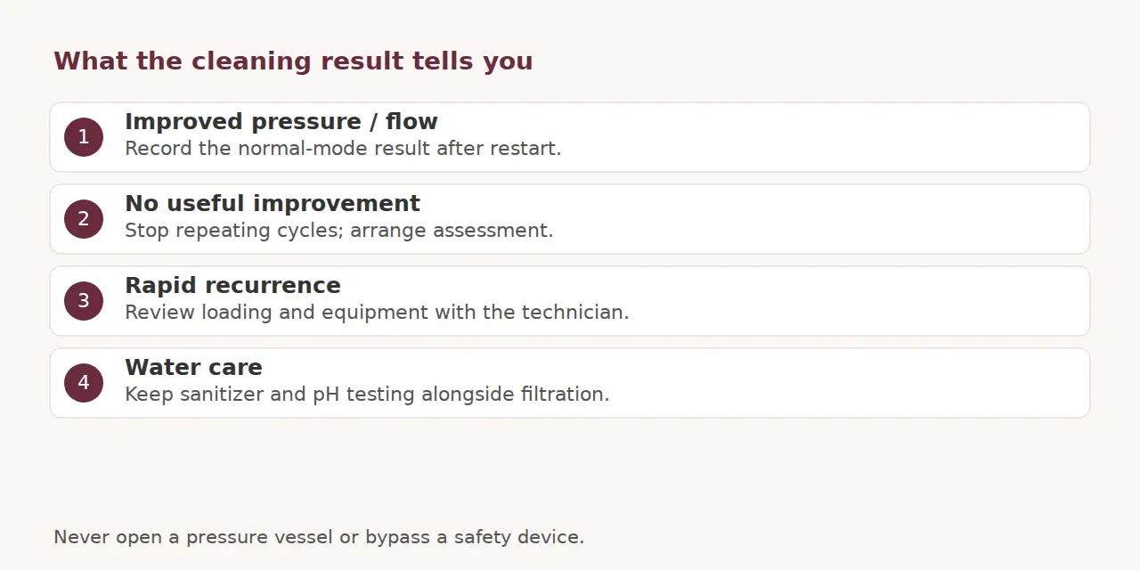 Four outcomes covering improvement, no improvement, rapid recurrence and continued water testing.