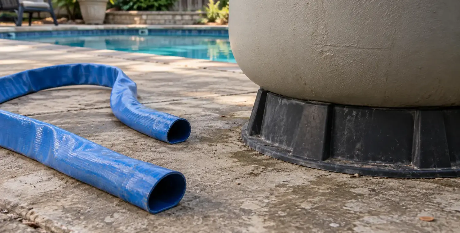 A loose blue flat backwash hose resting on concrete beside the base of a tan pool sand filter.