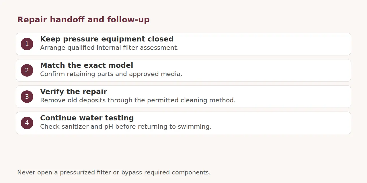 Repair follow-up checklist covering professional assessment, exact-model parts, deposit monitoring and water testing.