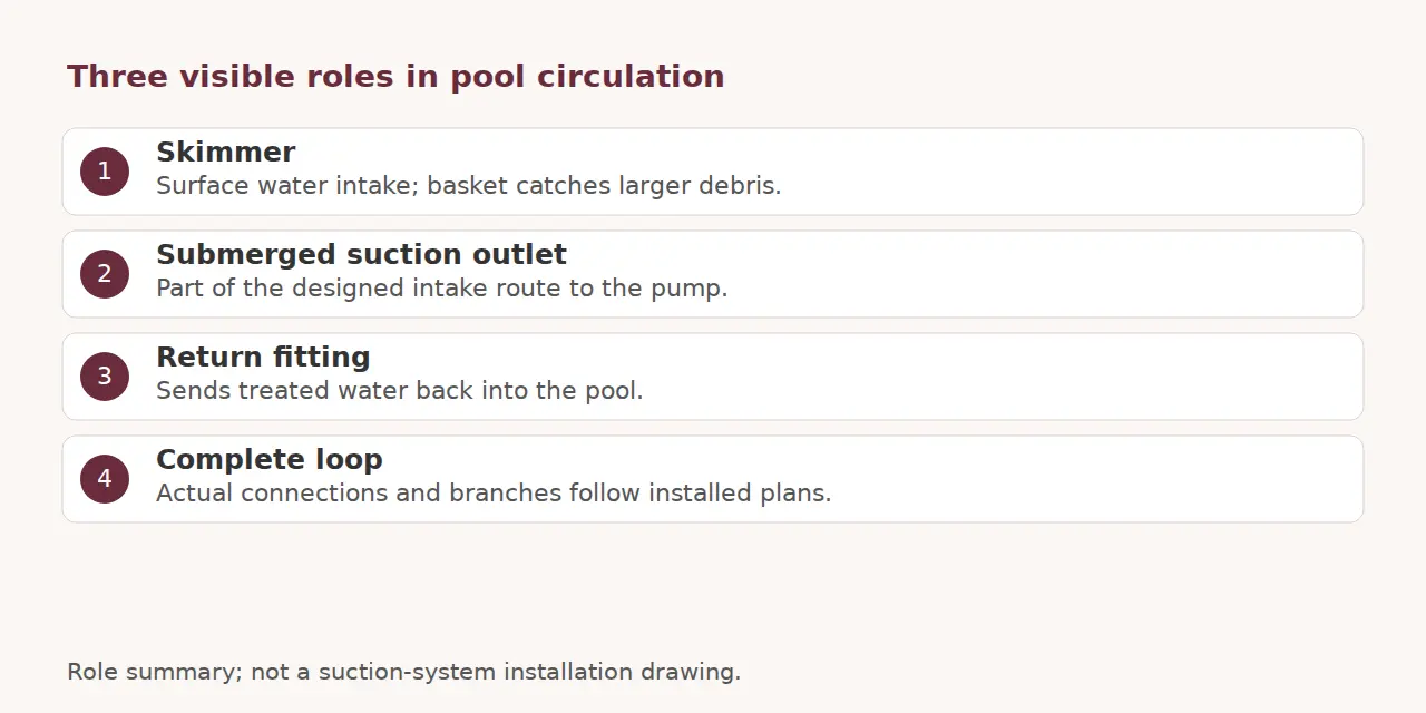 Four-row guide distinguishing skimmer, submerged suction outlet, return fitting and complete circulation loop.