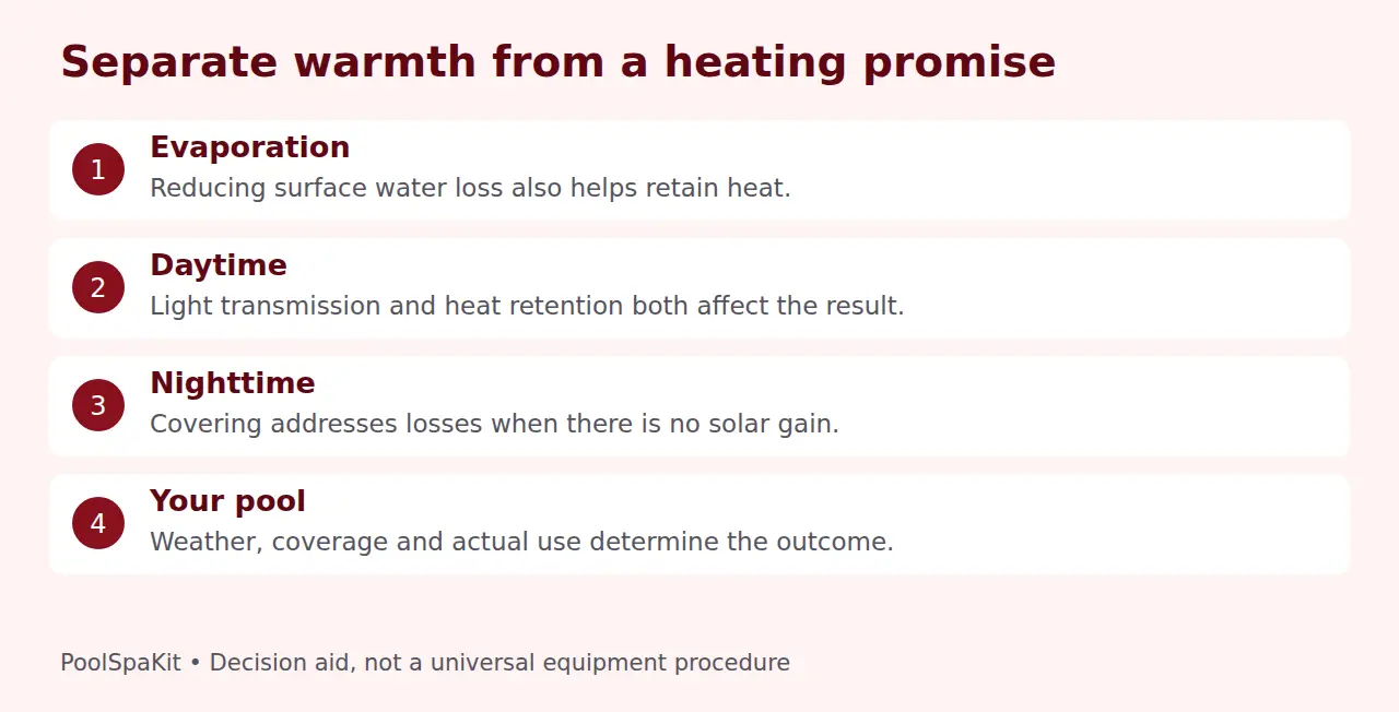 Solar cover heat-balance distinctions for evaporation, daytime light, nighttime retention and weather.