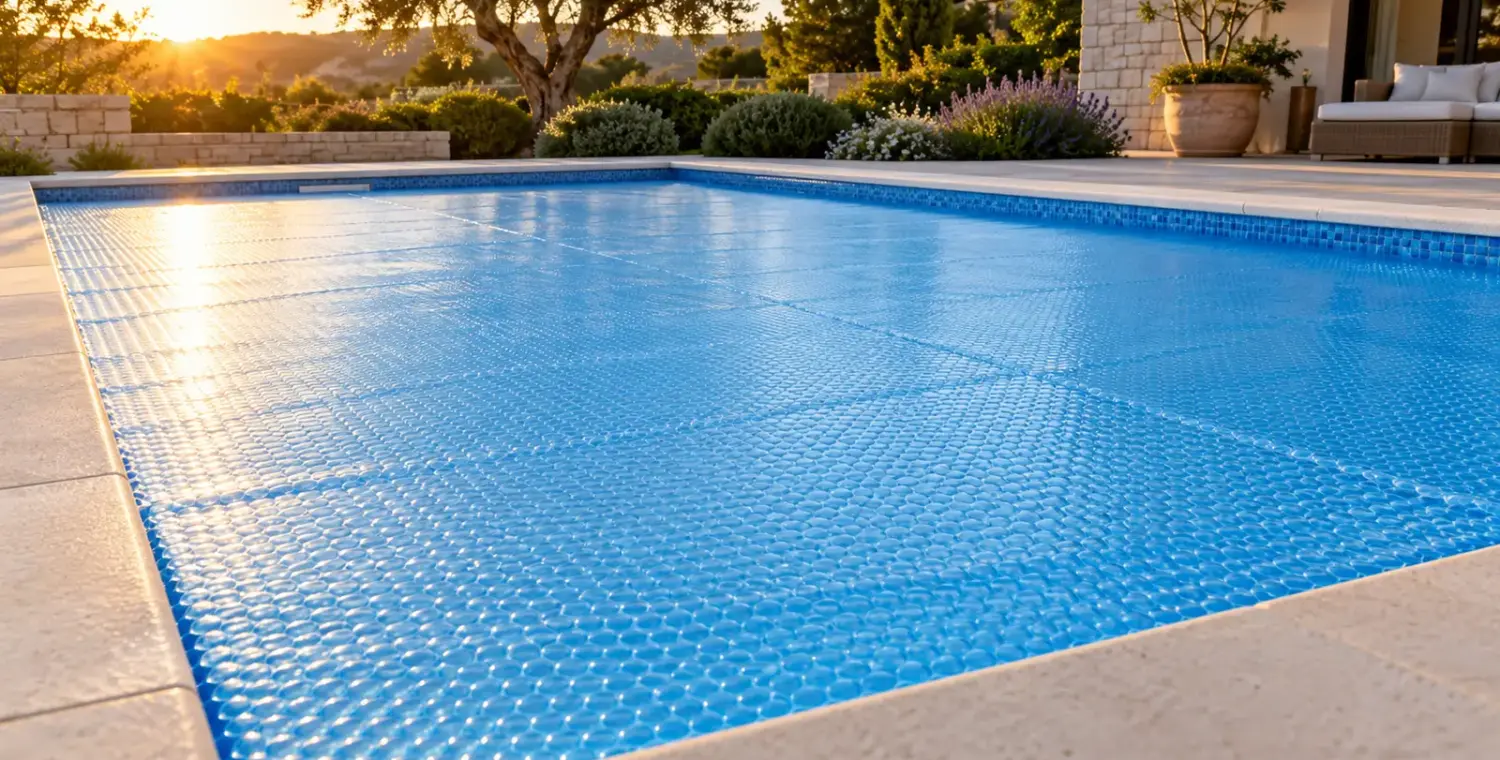 A translucent blue bubble solar blanket floating across a rectangular pool in late afternoon light