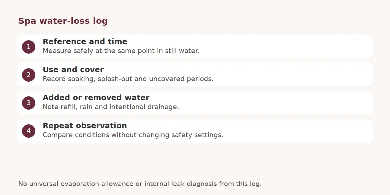 Record the same reference, spa use, added water and comparable repeated observations.