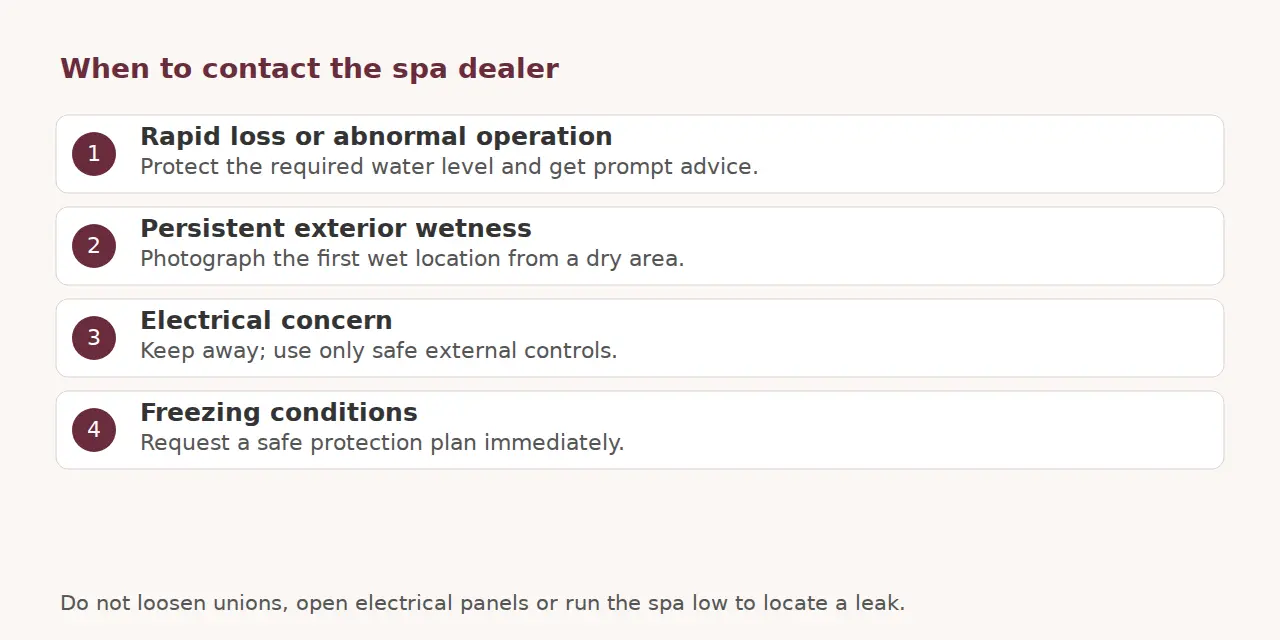 Signs requiring dealer advice include rapid loss, exterior wetness, electrical concerns and freezing conditions.