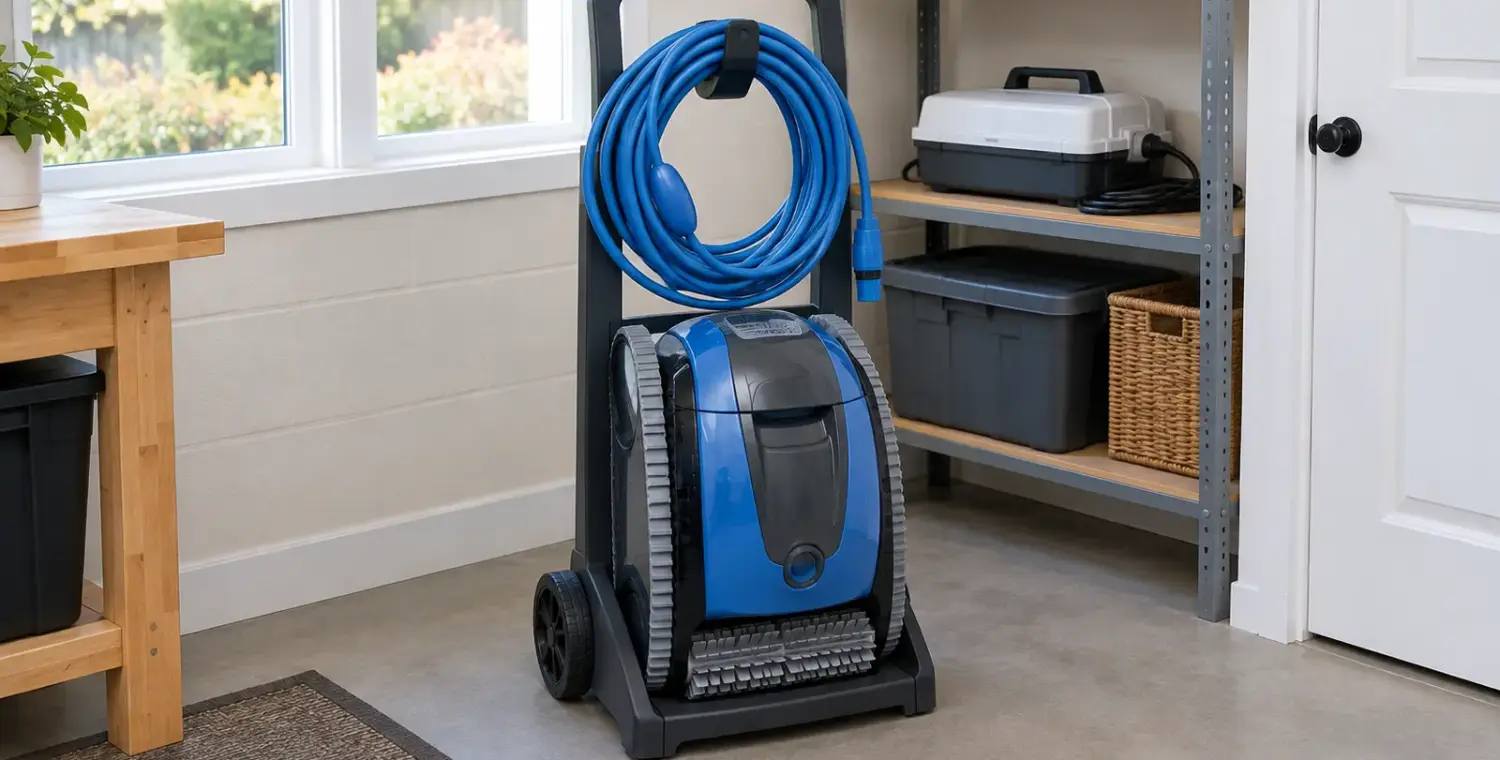 Correct upright, dry, indoor off-season storage of a robotic pool cleaner