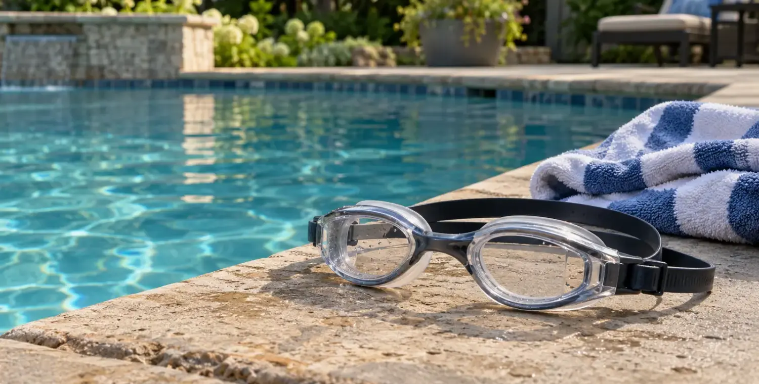 Clear swimming goggles and a folded striped towel rest beside a backyard pool.