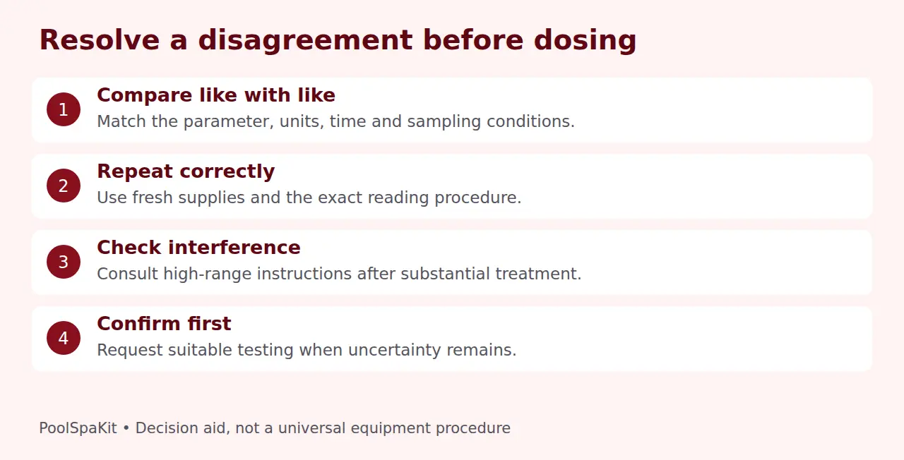 Checks for conflicting pool strip and reagent results before chemical treatment.