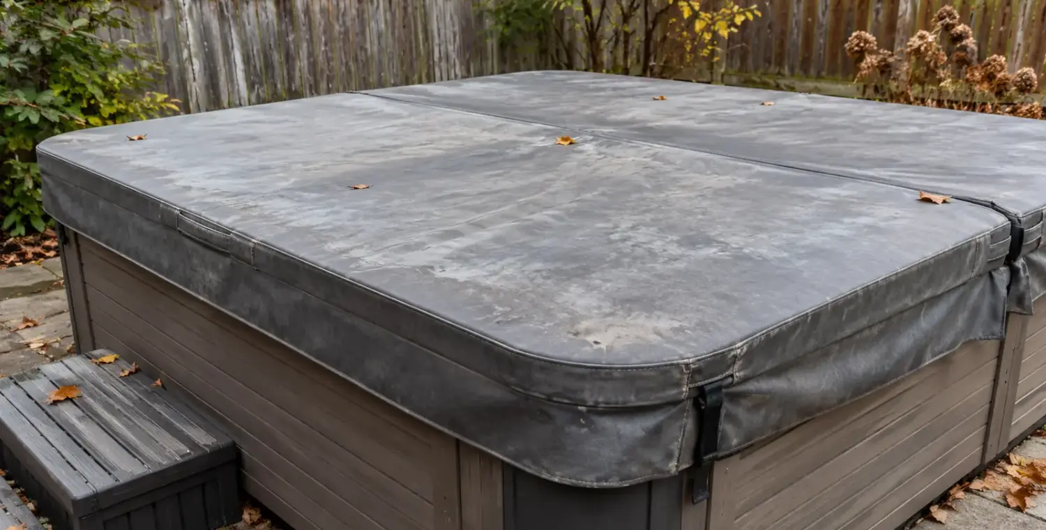 A worn gray hot tub cover with creased fabric and fallen leaves rests on a backyard spa.