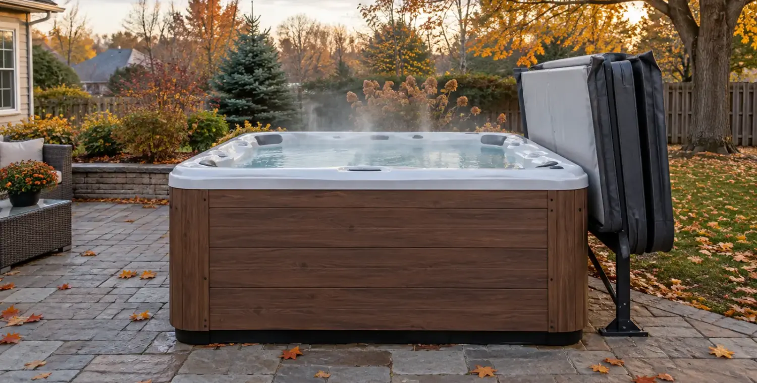 Backyard hot tub on a cool autumn afternoon
