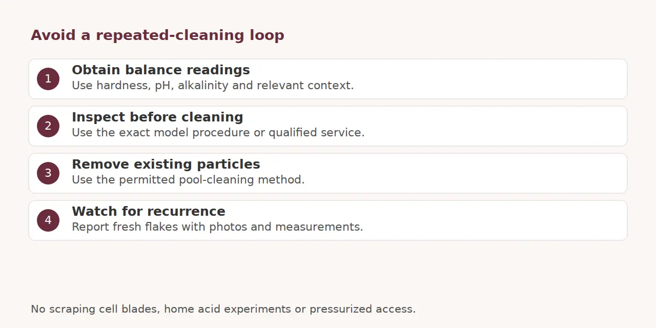 Balance testing, inspection before cleaning, permitted particle removal and recurrence monitoring.